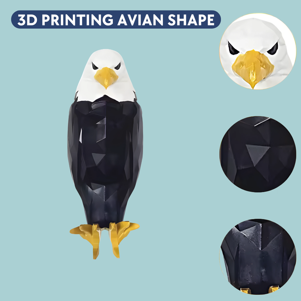 3D printed avian shape with detailed views on a light blue background