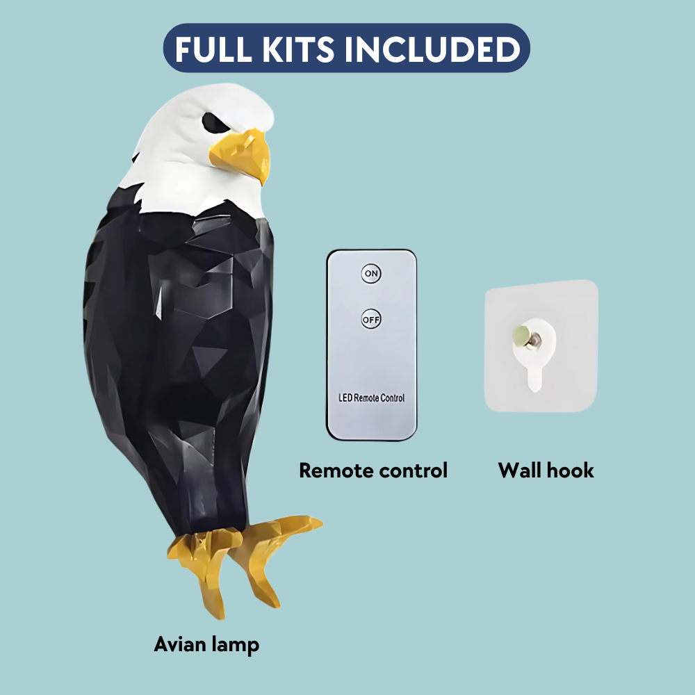 Avian lamp with remote control and wall hook on a light blue background