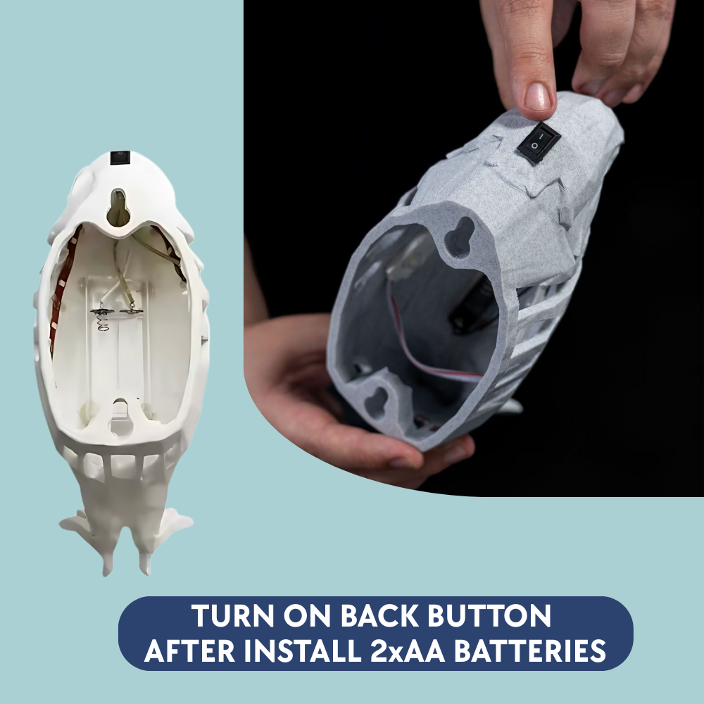 Two views of a device with a back button and battery installation instructions on a blue background.