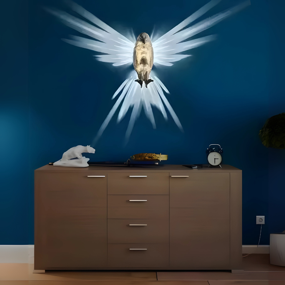 Wooden cabinet with decorative items against a blue wall with an angel wings light fixture.