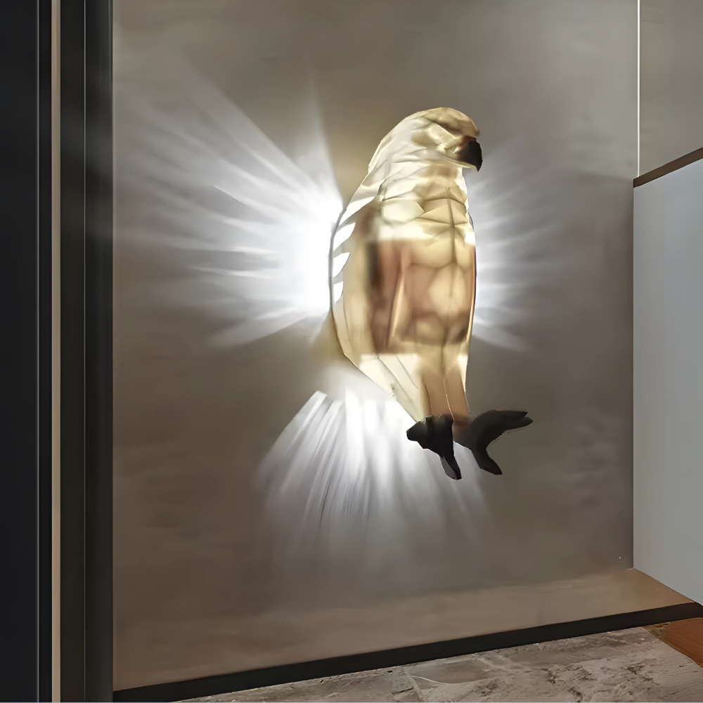 Decorative wall light shaped like a parrot on a neutral background