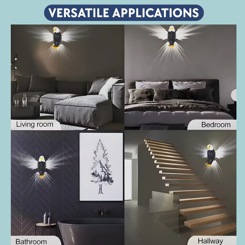Light fixture shown in various indoor settings including a living room, bedroom, bathroom, and hallway with text 'Versatile Applications'.