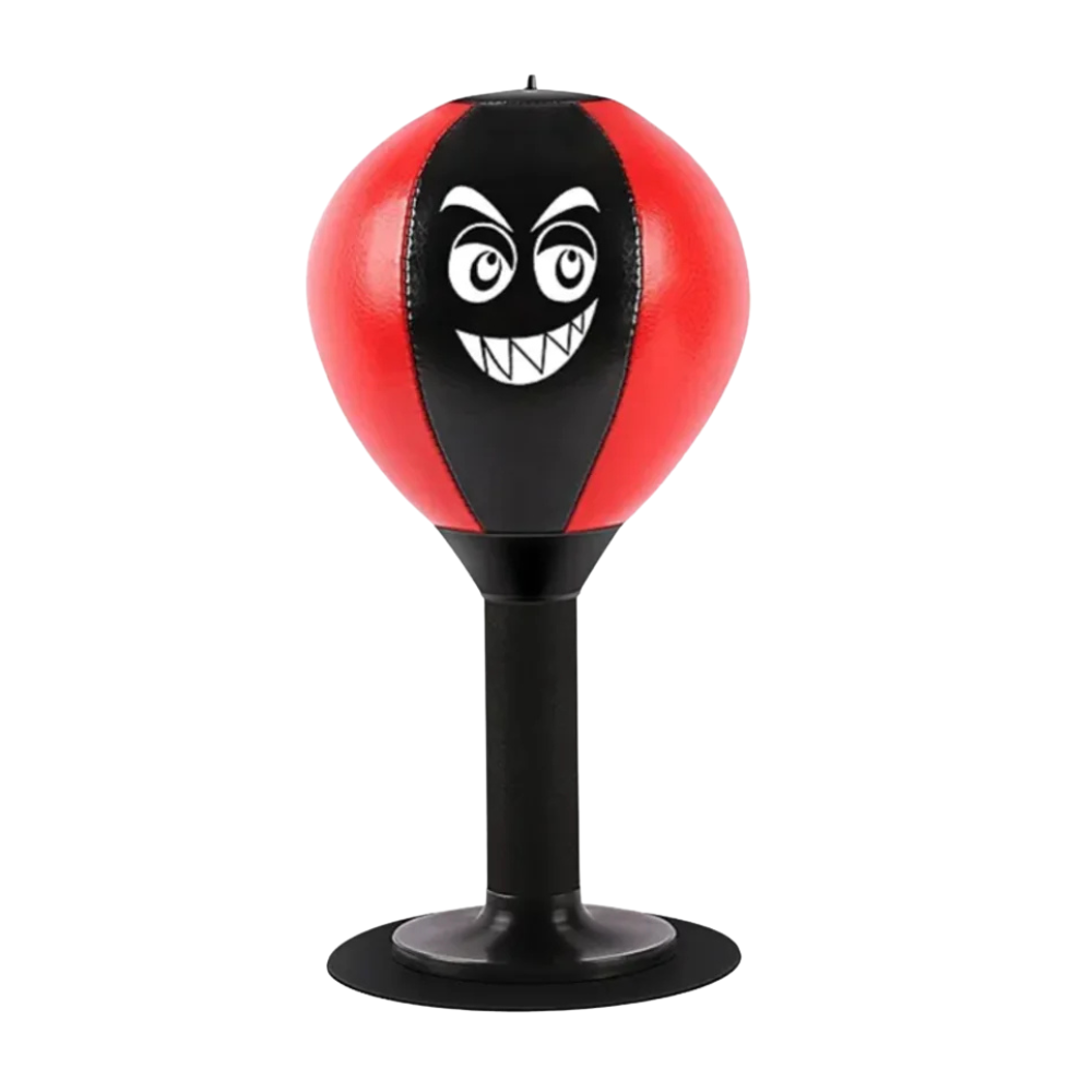 Red and black punching bag with a cartoon face on a white background