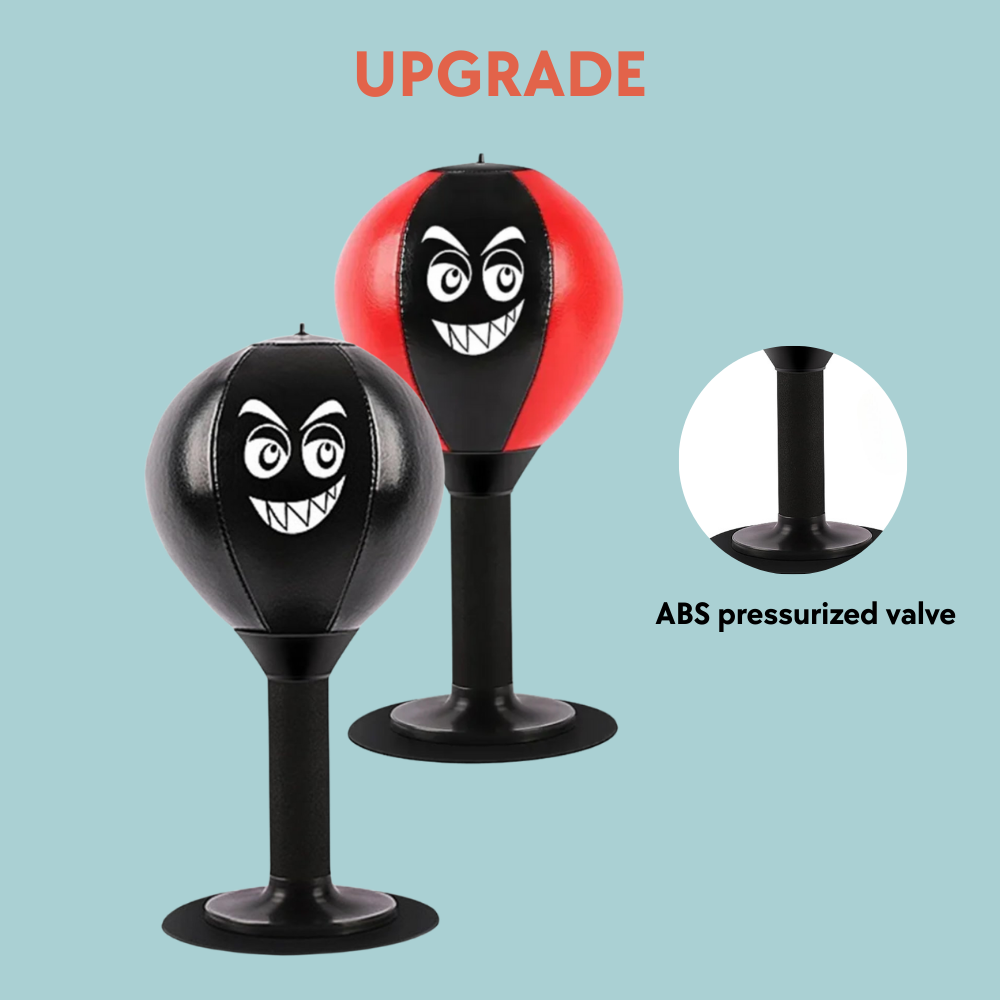 Two punching bags with cartoon faces on a light blue background, featuring an ABS pressurized valve.