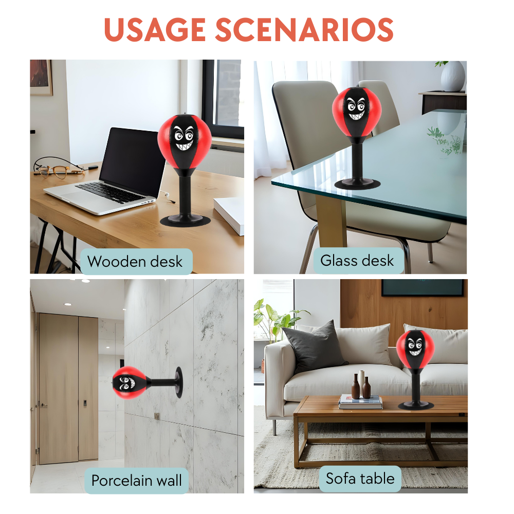 Usage scenarios of a product on different surfaces including wooden desk, glass desk, porcelain wall, and sofa table.