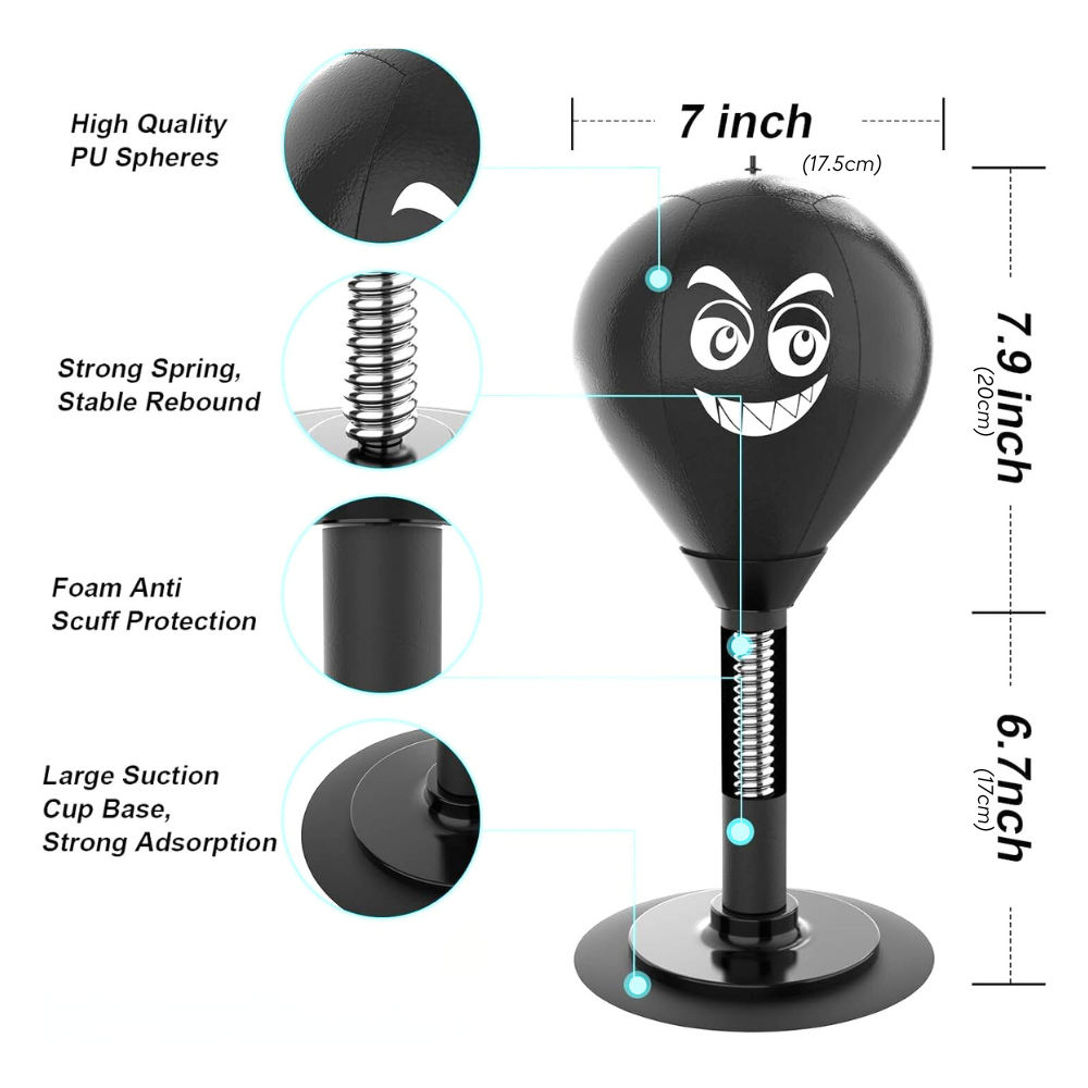 Black desk punching bag with features highlighted on a white background