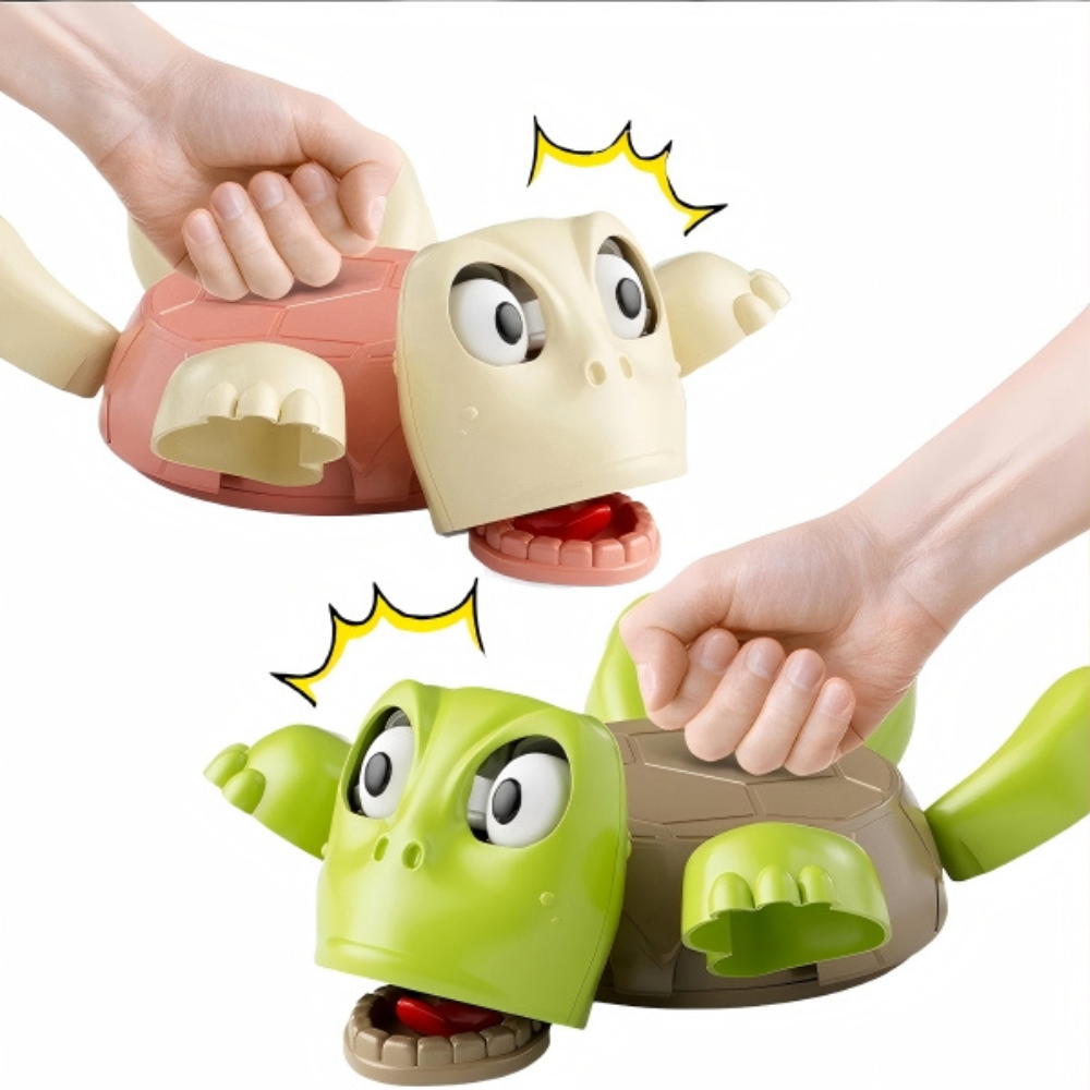 turtle coasters with a hand on top, showing a surprised expression, on a white background.