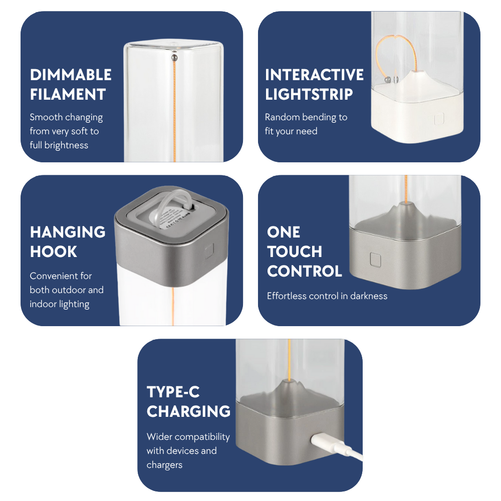 Filament led light product features with text labels on a blue background