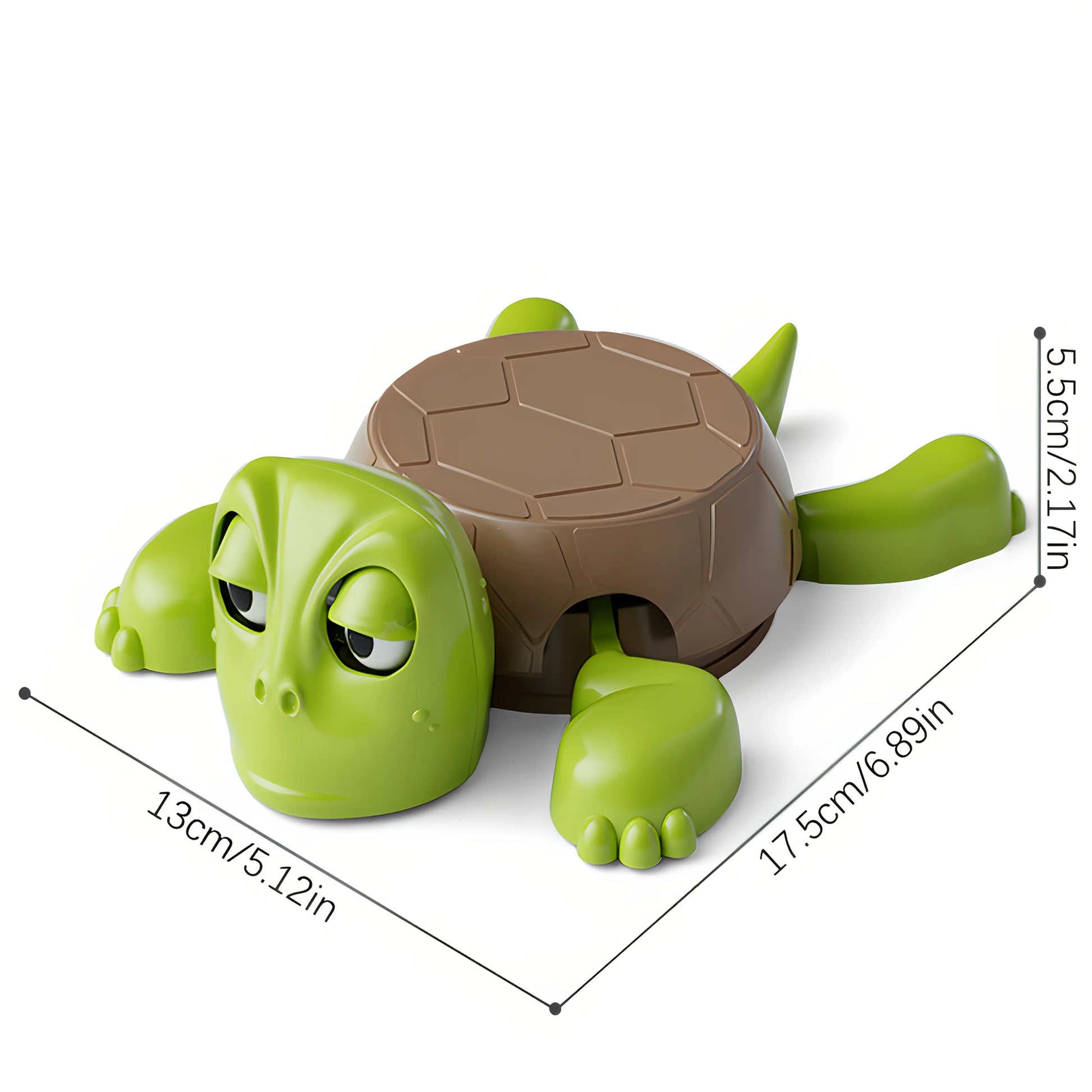 Green toy turtle dimension with brown shell on a white background